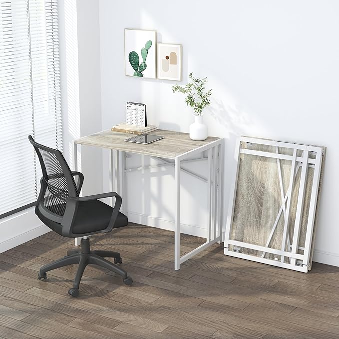 Small Folding Desk 32 inch, No Assembly Required Small Office Desk, Writing Gaming Computer Camping Desk, Beige
