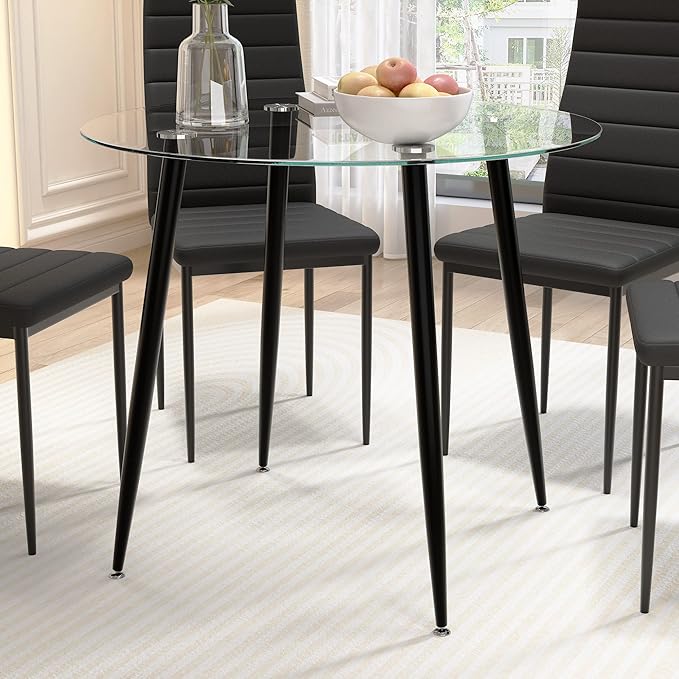 Tempered Glass Dining Table 32 Inch Round Kitchen Table with Black Metal Legs Modern Dinner Table for Dining Room Kitchen Small Space