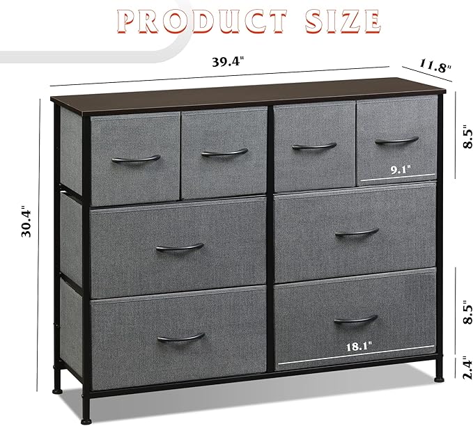WLIVE Dresser for Bedroom with 8 Drawers, Wide Fabric Dresser for Storage and Organization, Chest of Drawers, Dressers for Living Room, Closet, Hallway, Dark Grey