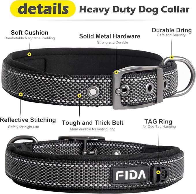 Fida Heavy Duty Dog Collar, Ultra Comfortable Soft Neoprene Padded, Adjustable Reflective Nylon Pet Collar with Durable Metal Belt Buckle for Large Breeds (L, Black)