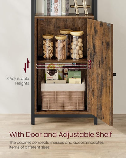 VASAGLE 6-Tier Bookshelf, Tall Bookcase with Cabinet, Steel Frame, Adjustable Shelves, 9.4 x 15.7 x 62.8 Inches, Living Room Bedroom, Rustic Brown and Ink Black ULLS132K01