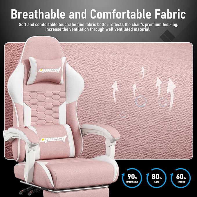 Gaming Chair, Computer Chairs for Adults with Lumbar Support and Massager, Comfortable Gamer Chair with Footrest & Pocket Spring Cushion, Ergonomic Home Office Chair, Pink, Fabric