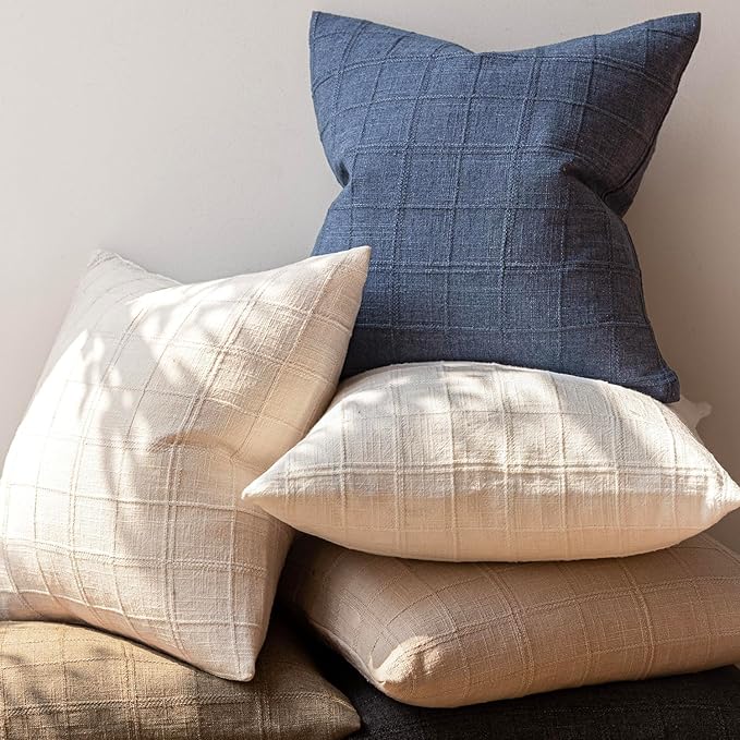 Foindtower Set of 2 Decorative Linen Check Throw Pillow Covers Neutral Farmhouse Vintage Cushion Covers Modern Coastal Boho Home Decor for Sofa Chair Couch Bedroom Living Room Outdoor,24×24 Inch,Blue