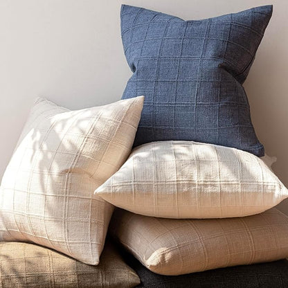 Foindtower Set of 2 Decorative Linen Check Throw Pillow Covers Neutral Farmhouse Vintage Cushion Covers Modern Coastal Boho Home Decor for Sofa Chair Couch Bedroom Living Room Outdoor,24×24 Inch,Blue