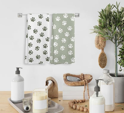 Dog Paws Dish Towel, Sage Green Kitchen Towels and Dishcloths Set of 2, Green and White Hand Towels for Bathroom, Dog Print Kitchen Towel Decorative, Cute Dogs Paw Gifts for Dogs Lovers,16×24In