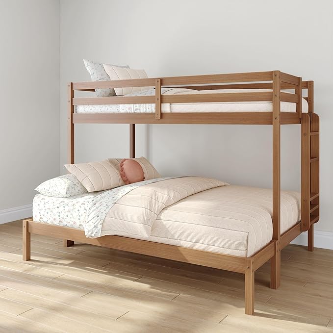 Grain & Grove Bear Twin XL Over Queen Bunk Bed, Sturdy Bunk Bed Frame for Kids, Plywood Bunk with Ladder, Guardrail, and Slats, No Box Spring Required, Oak Embossed Pecan