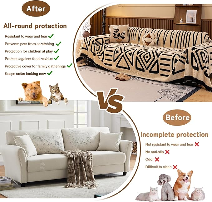HANDONTIME Boho Sofa Covers for Dogs Black and White Couch Sofa Covers for 3 Cushion Couches Sofa Beige Shu Velveteen Couch Covers for Sectional l Shaped Short Plush Furniture Covers 71" X134"