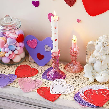 JOYIN 86 Pcs Valentines Day Heart Doilies Craft Gift Set with 50 Pcs Paper Doilies, 12 Foam Craft and 1 Bags of Glitter Foam Heart Stickers for Valentine's Day Party Tableware Decoration
