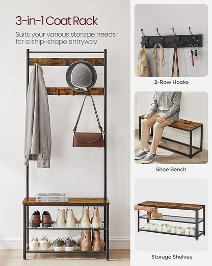 VASAGLE Coat Rack, Hall Tree with Shoe Storage Bench, Entryway Bench with Shoe Storage, 3-in-1, Steel Frame, for Entryway, 12.6 x 27.6 x 68.9 Inches, Industrial, Rustic Brown and Black UHSR41BX