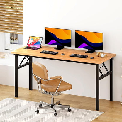 SDHYL 62 inches No Assembly Foldable Computer Desk for Home Office Workstation, Modern Study and Writing Folding Table with Metal Frame, Teak and Black