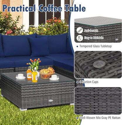 Tangkula 7 Piece Patio Wicker Furniture Set, Outdoor Rattan Sectional Sofa Set for 6 with Seat & Back Cushions, 2 Throw Pillows, Sofa Fastener Clips, for Backyard, Poolside, Deck and Garden (Navy)