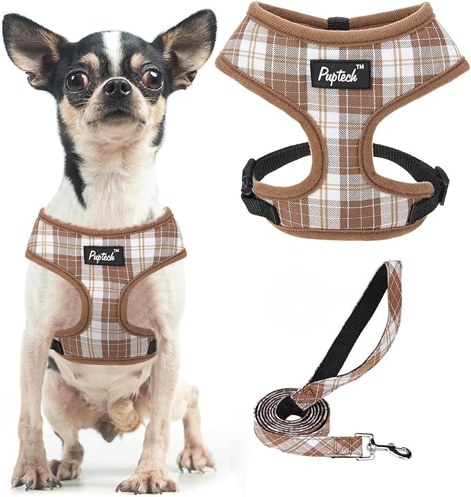 PUPTECK Soft Mesh Dog Harness and Leash Set Pet Puppy Cat Comfort Padded Vest No Pull Harnesses, Brown, XS