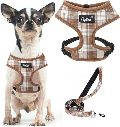PUPTECK Soft Mesh Dog Harness and Leash Set Pet Puppy Cat Comfort Padded Vest No Pull Harnesses, Brown, XS
