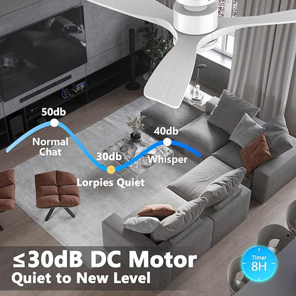 52 Inch Smart Low Profile Ceiling Fans,Solid Wood Outdoor Indoor Ceiling Fan with Lights Remote,WIFI Alexa App Control,Quiet DC Motor,Dimmable LED,Modern Flush Mount Fan for Bedroom Patio,White