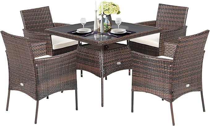 Tangkula 5 Pieces Wicker Patio Dining Set, Outdoor PE Rattan Chairs Table Set with 4 Seat Cushions, Patio Dining Furniture with Tempered Glass Tabletop, Suitable for Porch, Yard