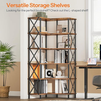 HOOBRO Corner Bookshelf, 6-Tier L-Shaped Bookcase, Industrial Open Display Shelf Tall Storage Organizer, Vertical Storage Rack, for Living Room, Home Office, Rustic Brown and Black BF61SJ01