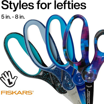 Fiskars 5" Left-Handed Pointed-Tip Scissors for Kids Ages 4-7, Scissors for School or Crafting, Back to School Supplies, Black