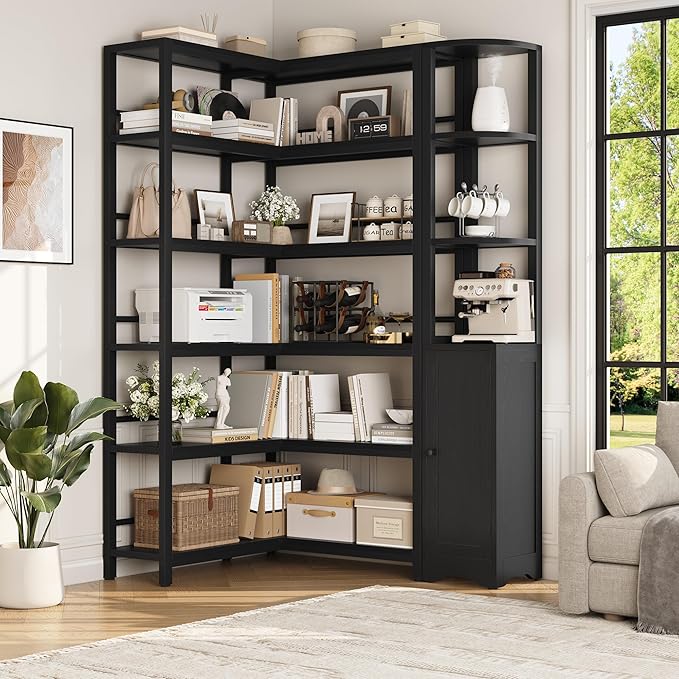 Keyluv Black Corner Bookshelf 72" Tall Corner Book Shelves Cases 2 Pieces Open Bookcase Large Storage Display Shelf Standing 6 Tier Shelving Unit with Cabinet for Home office Living Room, Wood & Metal