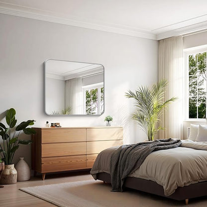 KOCUUY Silver Bathroom Mirror, 30x36 Inch Bathroom Mirror for Over Sink, HD Tempered Glass, Anti-Rust Brushed Silver Frame, Rounded Corner Modern Design for Bathroom, Hang Horizontal/Vertical