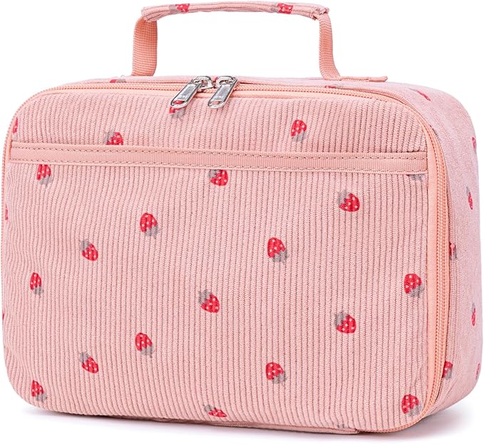 Bluboon Kids Girls Corduroy Pink Strawberry Lunch Box for School