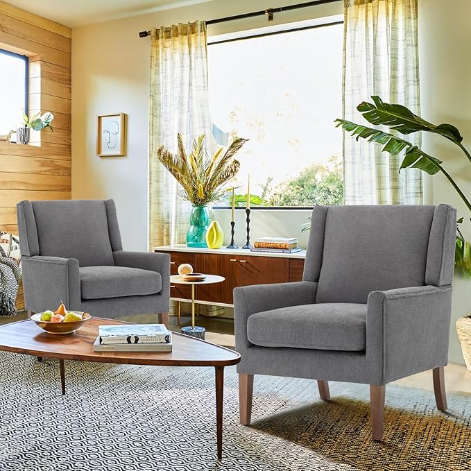 COLAMY Modern Wingback Living Room Chair, Upholstered Fabric Accent Armchair, Single Sofa Chair with Lounge Seat and Wood Legs for Bedroom/Office/Reading Spaces, Gery