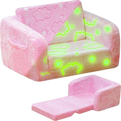Lamerge 2-in-1 Soft Toddler Couch Fold Out,Foldable Toddler Chair, Glow in The Dark Kids Sofa for playroom,Convertible Foam and Floor Cushion for Boys and Girls (Pink and Clouds)