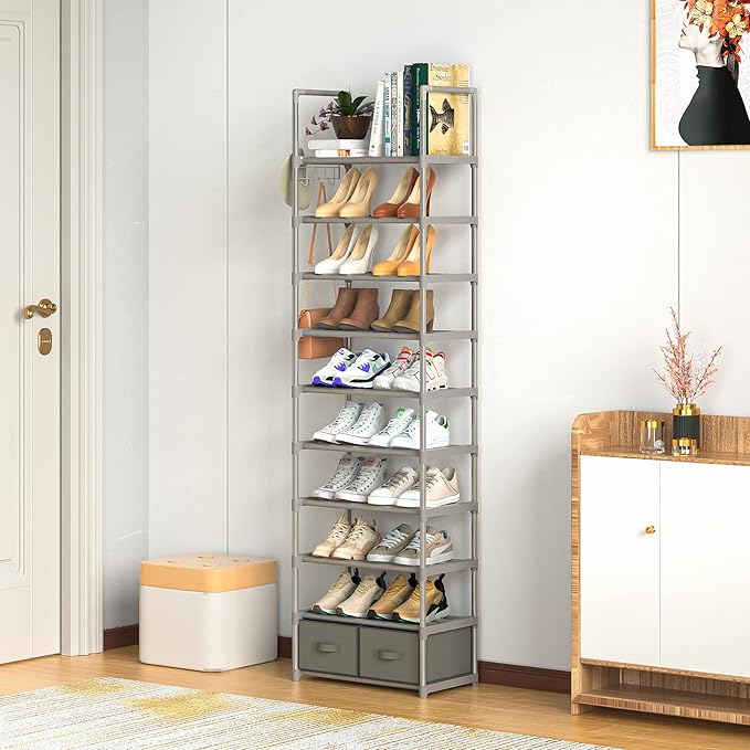 Shoe Rack, Sturdy Metal Shoes Rack Organizer,Narrow Shoe Rack,Shoe Racks for Closets,Shoes Rack,Shoe Stand,Shoe Shelf (10 Tier with 2 Boxes and 1 Hook)