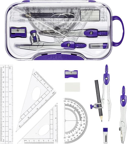 10 Pieces Math Geometry Kit Set Student Supplies with Shatterproof Storage Box,Includes Rulers,Protractor,Compass,Eraser,Pencil Sharpener,Lead Refills,Pencil,for School and Drawings（Purple）