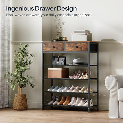 HOOBRO Shoe Rack, 5 Tier Shoe Storage Organizer with 2 Non-Woven Drawers, 12-16 Pairs of Shoes for Entryway, Shoe Shelf with 4 Oxford Fabric Shelves and Wooden Top, Closet, Rustic Brown BF78XJ01