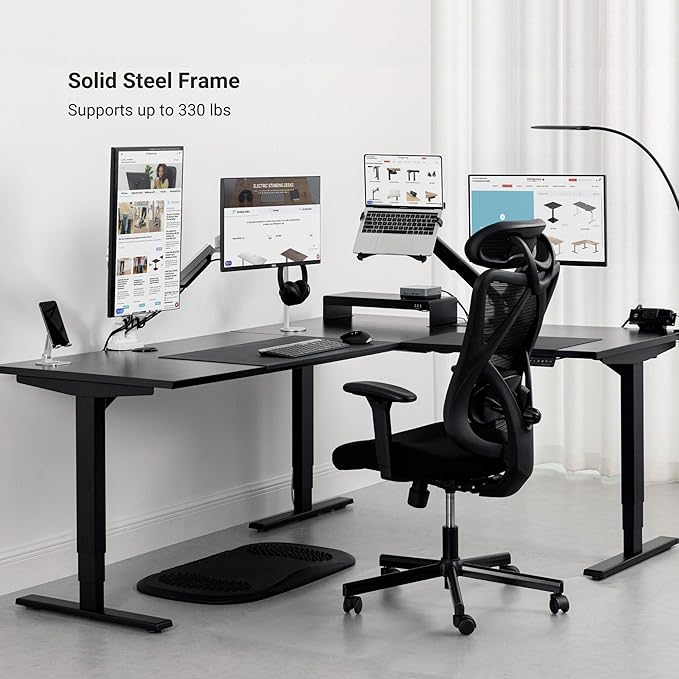 Progressive Desk Height Adjustable Computer Standing Desk - L Shaped 70" x 55" Corner Electric Stand Up Rising Workstation - Roasted Walnut, Gray Frame