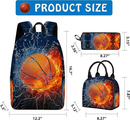 3PCS Backpack for Boys Girls, Kids Basketball Back to School Backpack Sets with Lunch Bag Pencil Case, 17 Inch Lightweight Bookpack 3 in 1 Set for Teens Elementary Middle High School Students