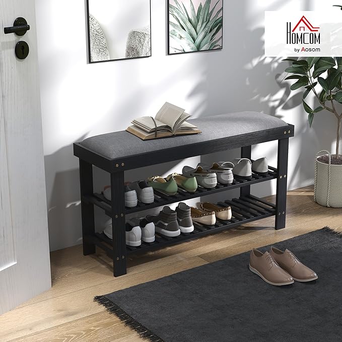 HOMCOM Bamboo Shoe Bench, 3-Tier Entryway Bench with Storage and Cushion, Shoe Organizer for Entryway, Hallway, Holds Up to 331 lbs, 35.4 x 11.4 x 19.3 Inches, Black