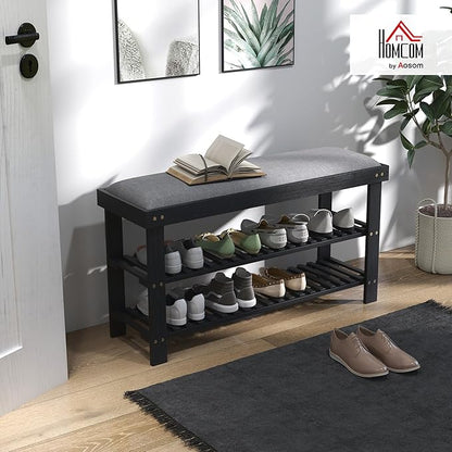 HOMCOM Bamboo Shoe Bench, 3-Tier Entryway Bench with Storage and Cushion, Shoe Organizer for Entryway, Hallway, Holds Up to 331 lbs, 35.4 x 11.4 x 19.3 Inches, Black