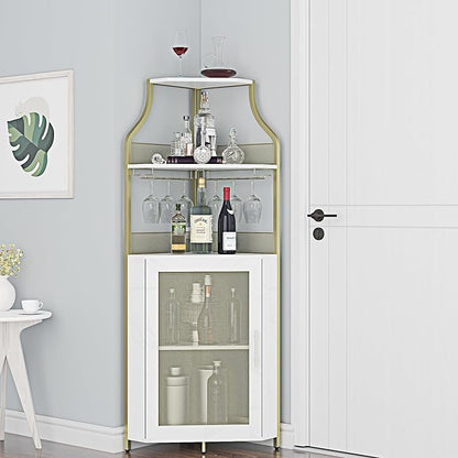 GarveeHome Corner Wine Cabinet with Detachable Wine Rack, 5-Tier Industrial Corner Bar Cabinet with Barn Door and Glass Holder, Farmhouse Buffet Cabinet and Home Bar, Gold