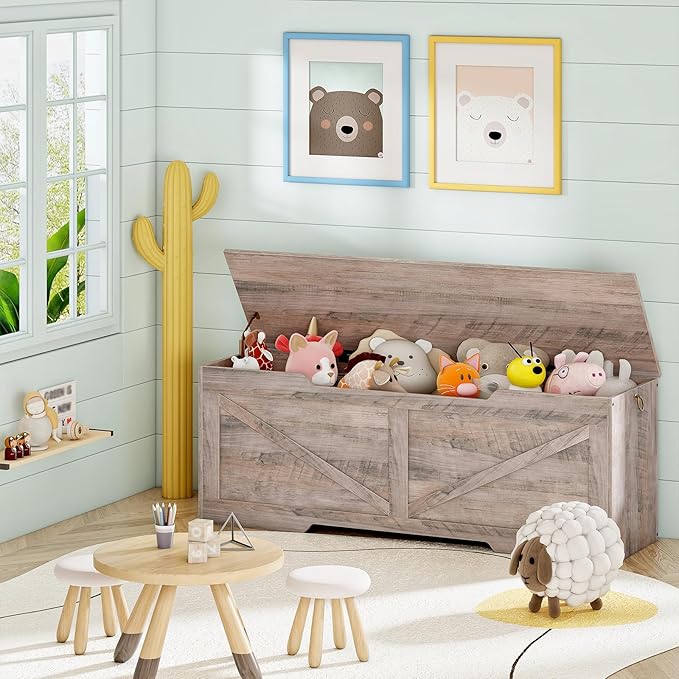 HOOBRO 47.2” Storage Chest, Retro Wooden Storage Bench with U-Shaped Cut-Out Pull, Toy Chest with Safety Hinge, Supports 220 lb and Easy Assembly for Toy Box Organizer (Greige) BG773CW01
