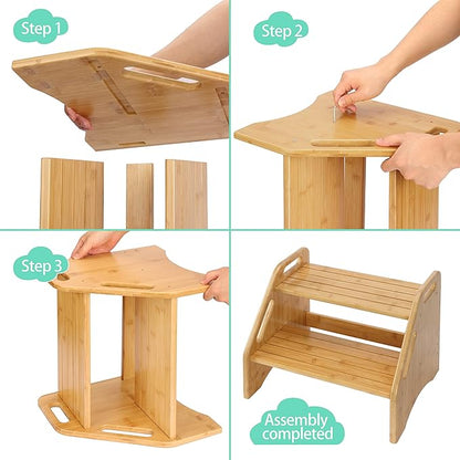 AMBIRD Wooden Step Stool, Two Step Stools Toddler 300 lbs Capacity with Safety Non-Slip Pads and Handles, Bamboo Step Stool for Bathroom, Kitchen Dual Height Step Stools for Kids (Natural)