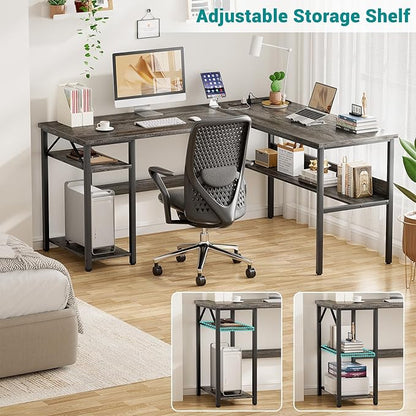 Reversible L Shaped Gaming Desk with Power Outlets and USB Charging Ports, Sturdy Computer Desk with Storage Shelf, Modern Corner Desk Home Office Table, Easy to Assemble, Gray Oak