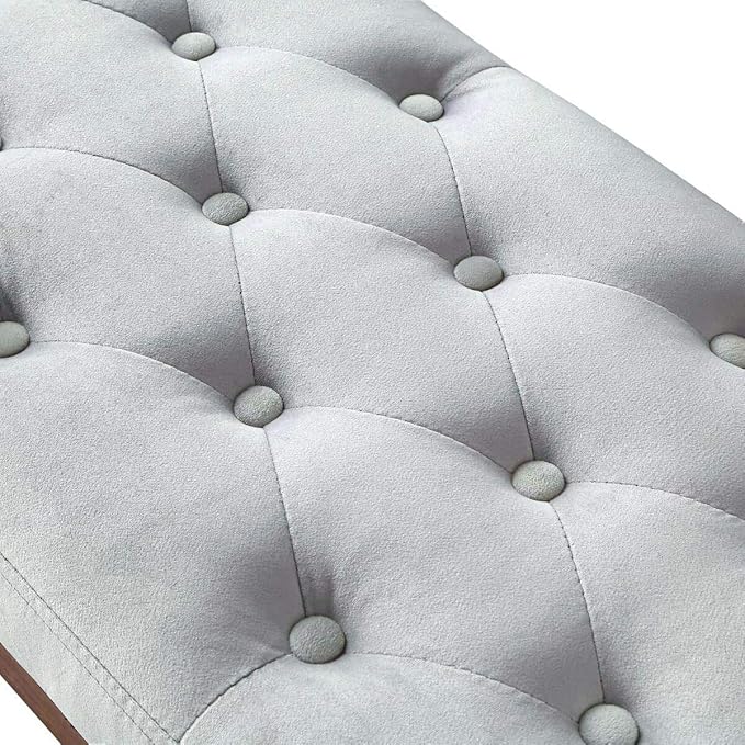 24KF Velvet Upholstered Buttons Tufted Entryway Bench with Solid Wood Leg,Bed Bench Ottoman with Padded Seat,5034-Gray
