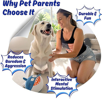 3 in 1 Squeaky Soft Plush Durable Dog Chew Toy for Aggressive Chewers, No Stuffing Interactive Tough Rip & Reveal Crinkle Blue Shark Ball in Gift Box, Puppy, Small & Large Breed Pets Birthday Present