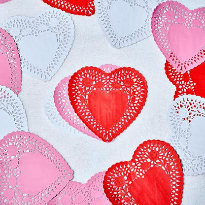 JOYIN 102 PCS Valentines Day Glitter and Foam Heart Doilies, Tableware Decoration, Home Activitie, Red White Pink Heart Doilies, Kitchen Disposable Table Crafts