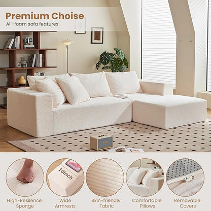 108" L-Shaped Boneless Couch, Modular Sectional Sofa with Moveable Ottoman, Corduroy Cloud Couches for Living Room, No Assembly, Ship in a Box, Beige