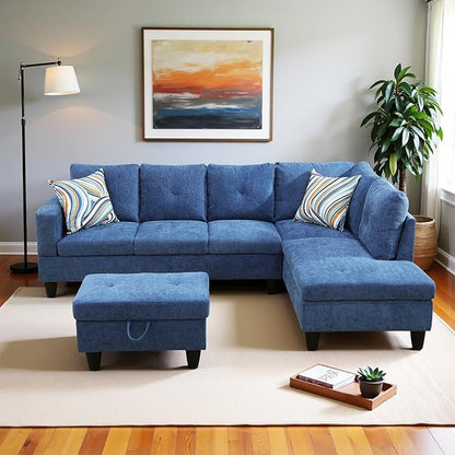 Couches for Living Room Modern L Shaped Couch Comfy Linen Fabric 3 Pieces Sectional Sofa with Chaise, Ottoman with Storage for Office and Small Apartment, Blue