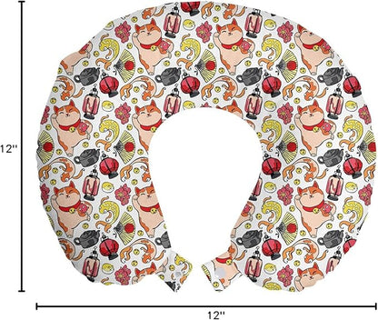 Ambesonne Japanese Cat Travel Pillow Neck Rest, Lucky Cat Holding Koi Fish Paw Far East Illustration, Memory Foam Traveling Accessory for Airplane and Car, 12", Vermilion Champagne