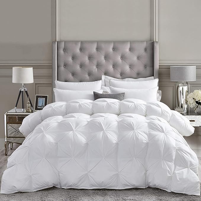 Luxurious All-Season Goose Down Feather Fiber Comforter Oversize Queen Duvet Insert (98x98), Exquisite Pinch Pleat Design- White, Premium Baffle Box, 100% Egyptian Cotton Cover, 70 oz. Fill Weight