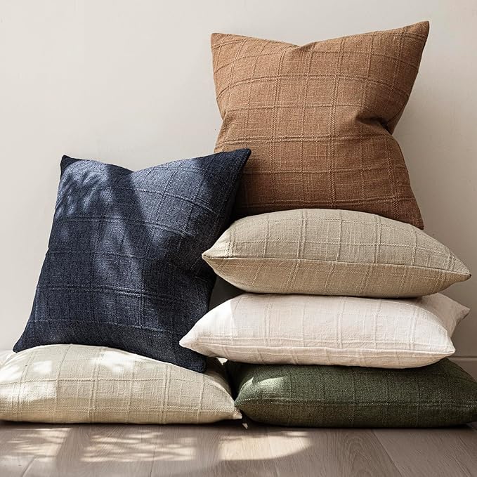 Foindtower Set of 2 Decorative Linen Check Throw Pillow Covers Neutral Farmhouse Lumbar Cushion Covers Modern Boho Home Decor for Sofa Chair Couch Bedroom Living Room Outdoor,12×20 Inch,Navy Blue