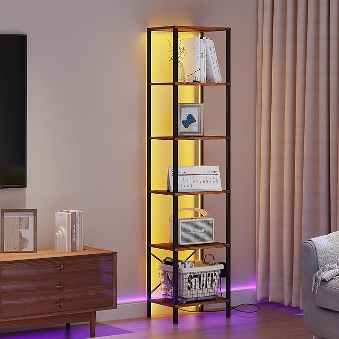 6-Tier Bookshelf, Tall Narrow Bookcase with LED Lights, Book Shelf with Steel Frame, Display Storage Shelf for Living Room, Bedroom, Home Office, Study, Balcony, Rustic Brown
