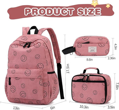 Backpack for Girls Boy Teen Corduroy Bookbags Elementary Middle High School Women Laptop Bag with Lunch Box Pencil Bag (Smile Pink)
