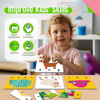 Self-Correcting Spelling Puzzles, Double-Sided Three and Four-Letter Word Spelling Cards with Picture Matching, 48 First Words Learning for Kindergarten Readiness, Preschool Ages 4+