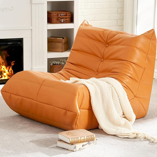 Hobestluk Giant Bean Bag Chair Lazy Floor Sofa, Memory Foam Fireside Sofa for Adults, Big Beanbag Faux Leather Armless Chair for Living Room Bedroom Dorm Office (Orange, Single)