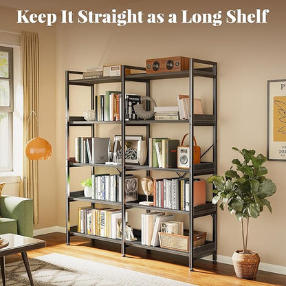 Huuger 5 Tier Bookshelf, Display Bookshelf with 10 Open Shelves and Raised Baffle, 47.2 Inch Straight Wide Bookcase with Metal Frame and Wooden Board, Adjustable Feet, Grey
